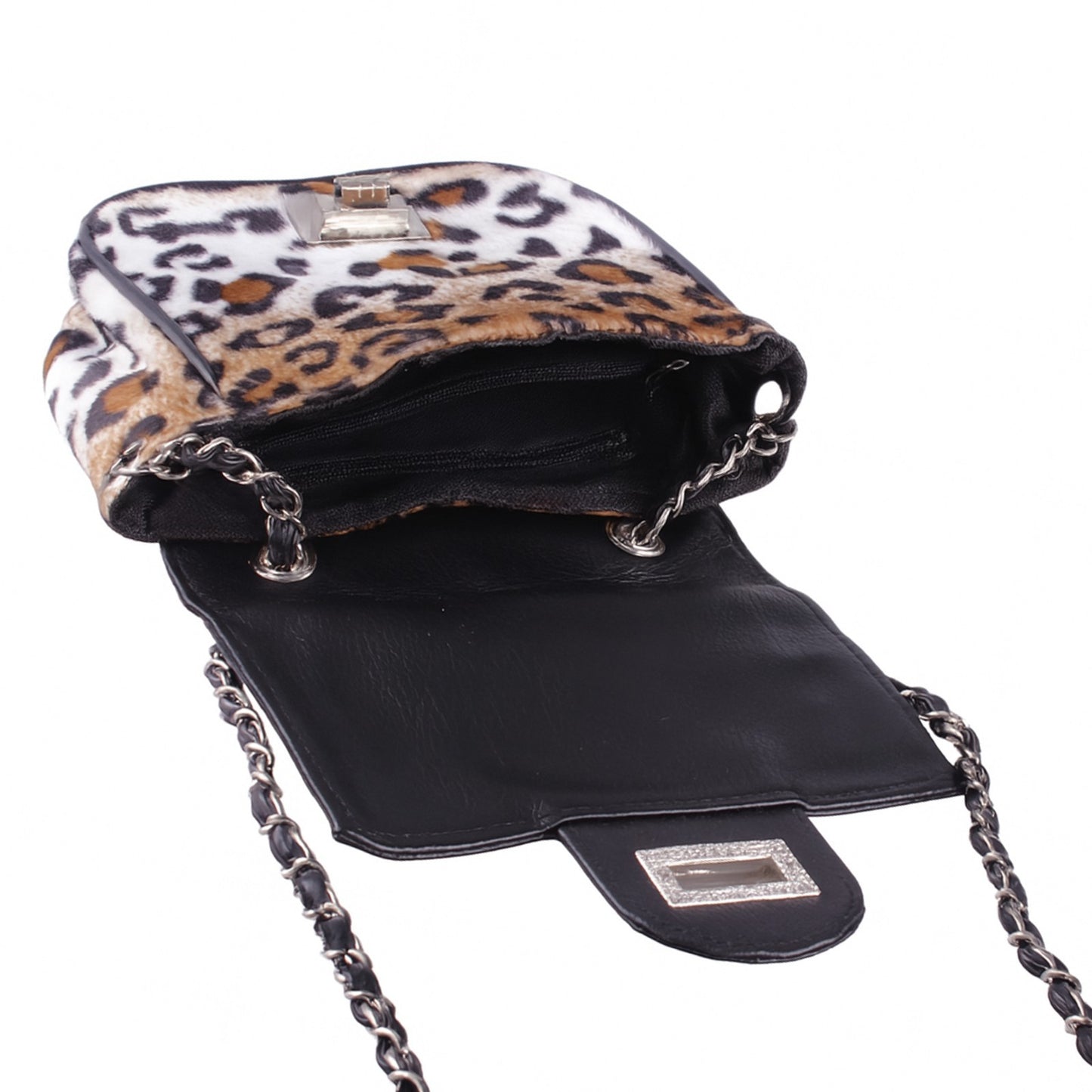 Umhängetasche Leopard Schwarz/Braun/Weiß Plüsch Tasche Studs Crossbody Damen