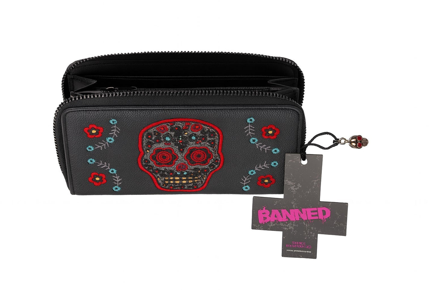Geldbeutel Schwarz Totenkopf Skull Blumen Stickerei Portemonnaie Geldbörse Rockabilly