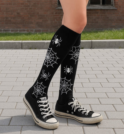 Socken kniehoch Spinne Spinnennetz Schwarz Weiß Gothic Punk Halloween Festival