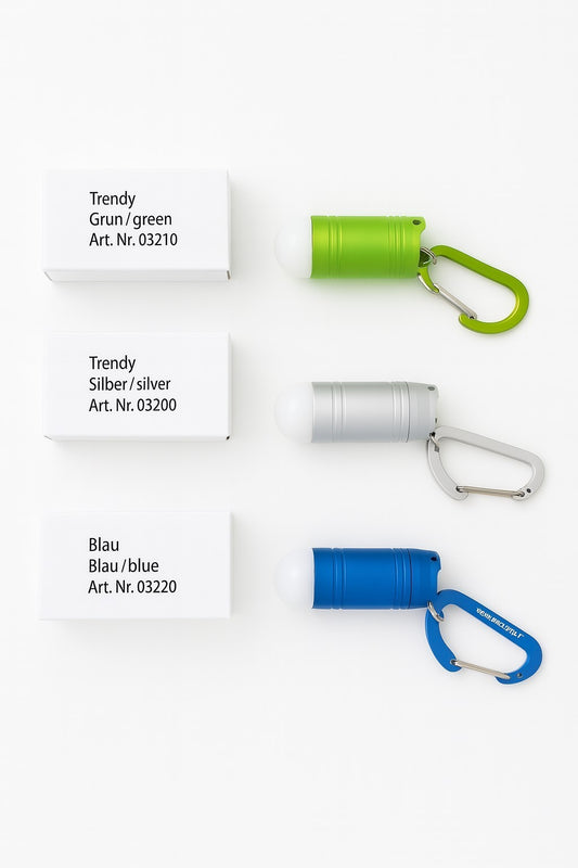 3x Mini Taschenlampe-Schlüsselanhänger mit Karabinerhaken Grün/Silber/Blau