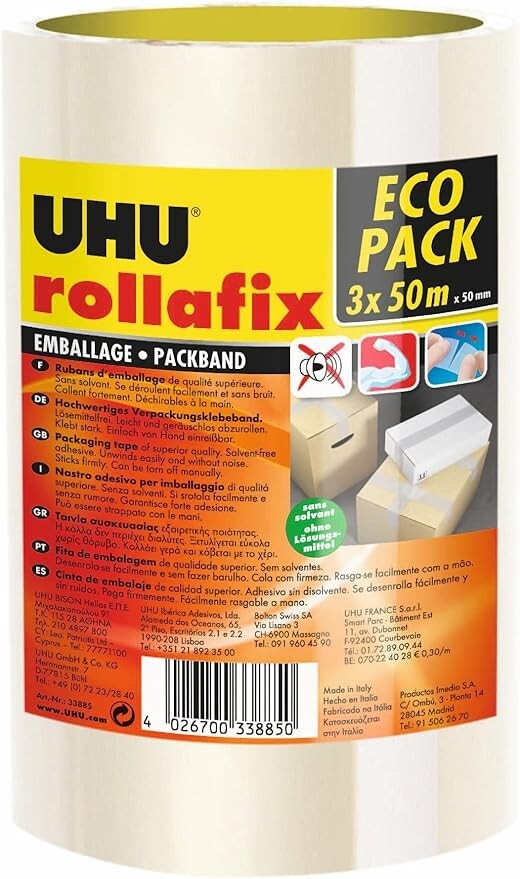 Uhu Rollafix Packband 3er Pack (3x 50m) transparent Klebeband Stark Verpackung