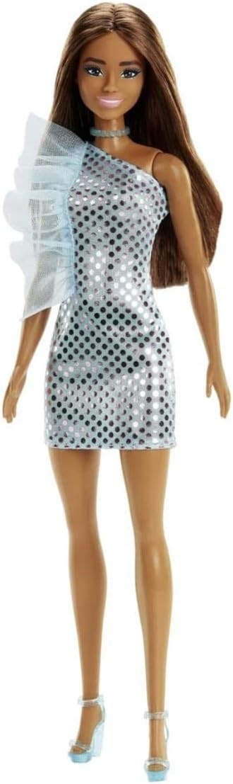 Mattel T7580 / HJR95 Barbie Puppe mit Türkis Glitzer Kleid Polka Dots Mini Dress
