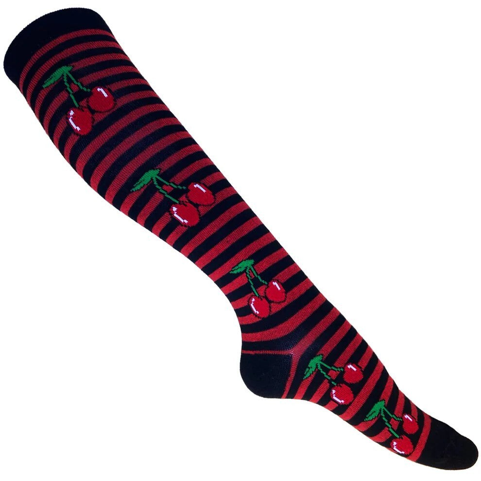 Overknee Socken gestreift Rot Schwarz Kirschen Festival Punk Cosplay Rockabilly