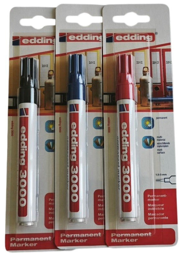 Edding 3000 Permanent marker 3er Set Schwarz Rot Blau 1,5–3 mm Stifte wischfest
