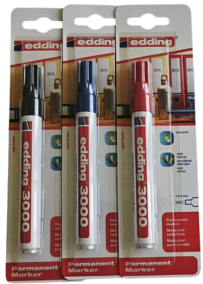 Edding 3000 Permanent marker 3er Set Schwarz Rot Blau 1,5–3 mm Stifte wischfest