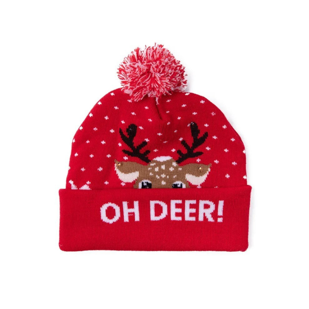 LED Licht Mütze Oh Deer Weihnachtsmütze Weihnachten Bommel Beanie Strickmütze Leuchtet
