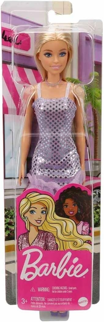 Mattel T7580 / HJR93 Barbie Puppe mit Lila Glitzer Kleid Blond Polka Dots