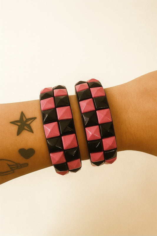 2er Set Armband Schwarz Pink Nieten Armschmuck Schmuck Accessoire Punk Festival