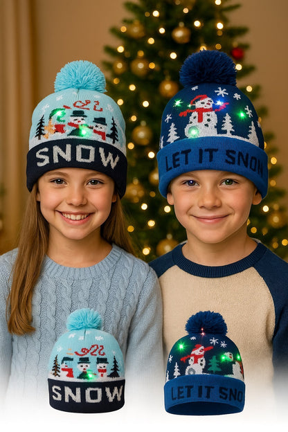 2er Set LED Licht Mütze Let it Snow Dunkel- & Hellblau Weihnachtsmütze Strickmütze