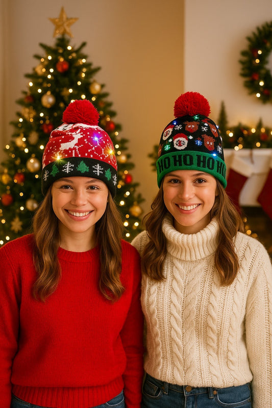 2er Set LED Licht Mütze Rotes Rentier & HoHoHo Weihnachtsmütze Weihnachten Strickmütze
