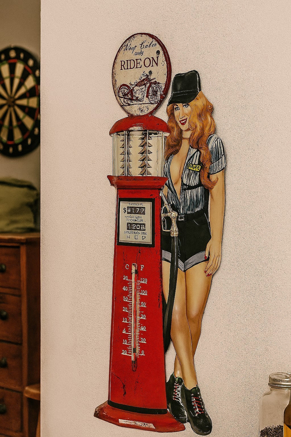 Blechschild mit Thermometer Ride On Pin Up Girl 48x20 cm Hobbyraum Man Cave Deko