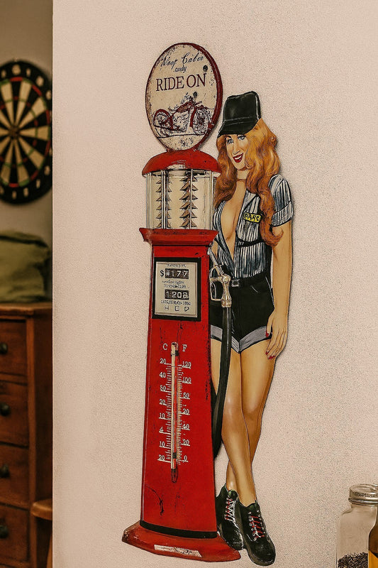 Blechschild mit Thermometer Ride On Pin Up Girl 48x20 cm Hobbyraum Man Cave Deko