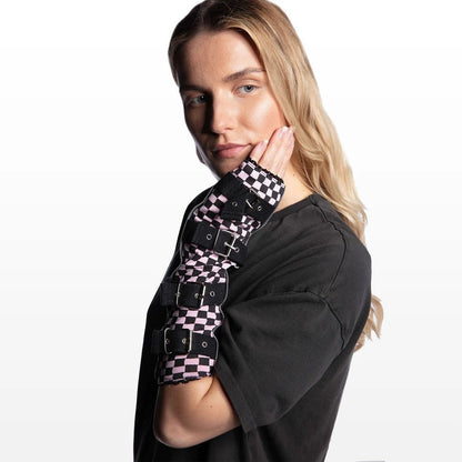 Armstulpen mit Metallschnallen Schwarz Rosa Schachbrett Karo Gothic Punk Rocker