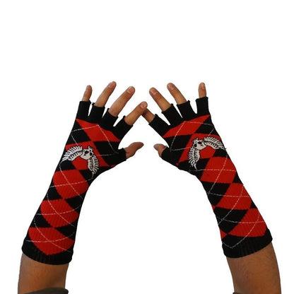 Fingerlose Handschuhe Totenkopf Skull mit Flügel Rauten Muster Schwarz/Rot Skull Punk