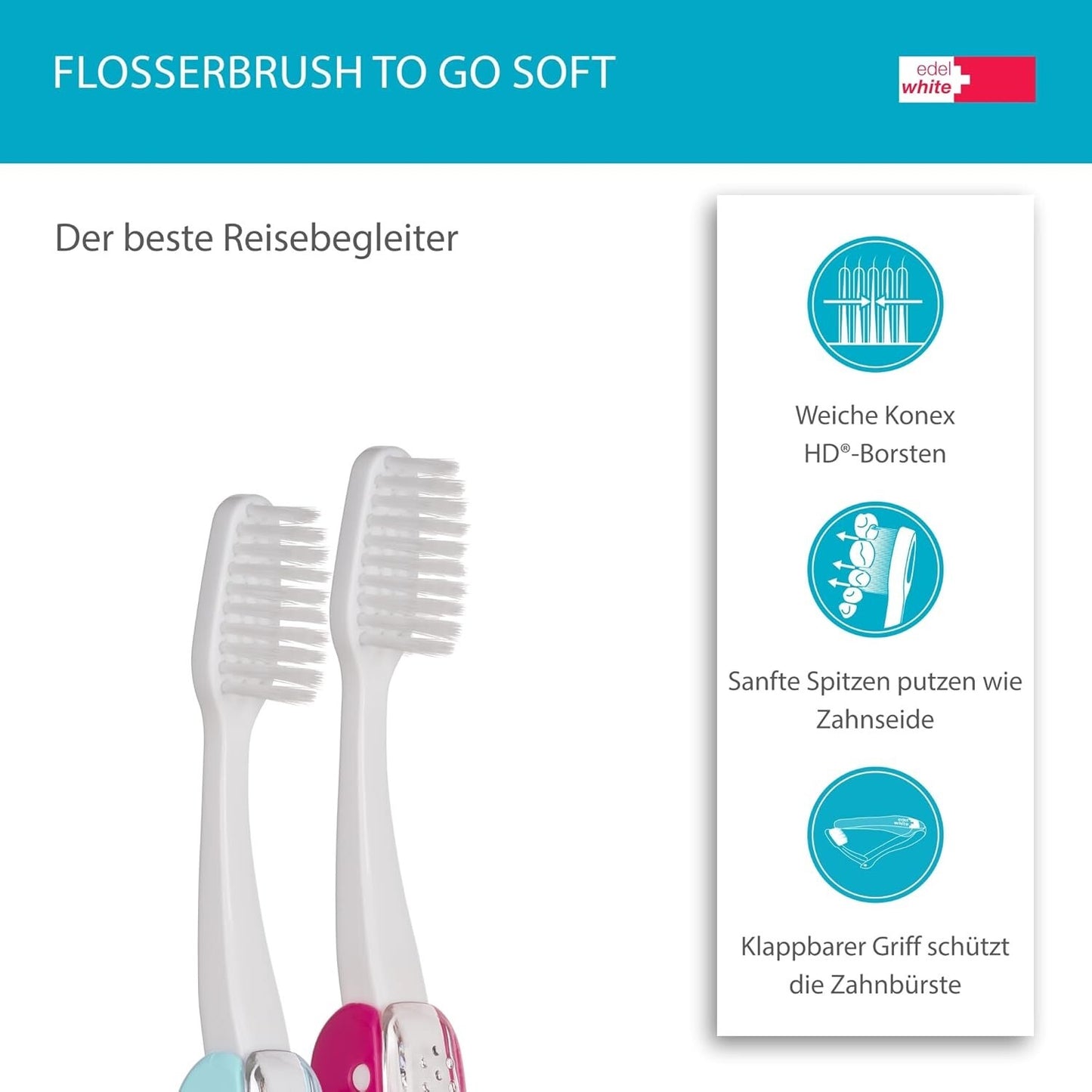 Original edel+white Zahnpflege Set – 4 Zahnbürsten + Zahnpasta + Zahnseide