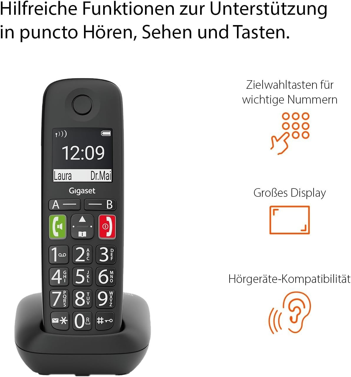 Gigaset E290 Schnurloses Telefon Schwarz Großtastentelefon Verstärkerfunktion