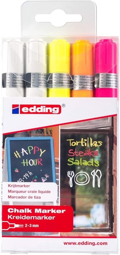5er Set Edding Kreidemarker 2-3mm Neon Farben Bunt Glas Tafel Fenster abwischbar