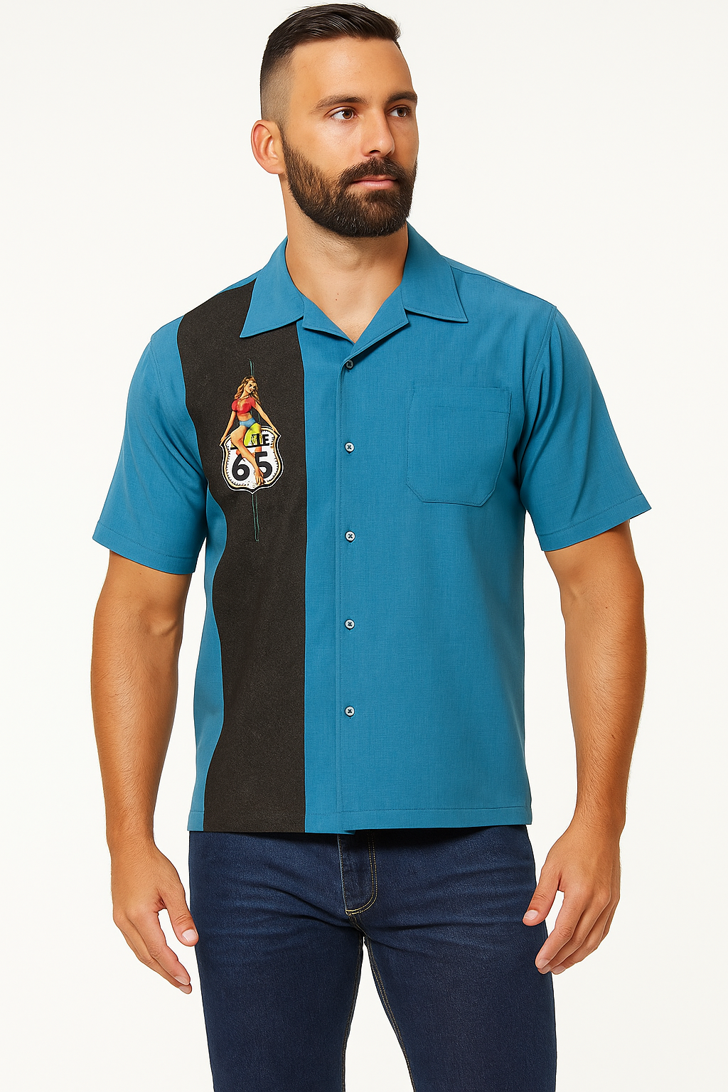 Hemd Route 66 Pin-Up Panel Bowling Shirt Rockabilly Biker Rocker Retro Vintage