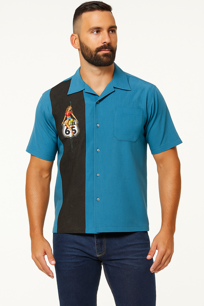 Hemd Route 66 Pin-Up Panel Bowling Shirt Rockabilly Biker Rocker Retro Vintage