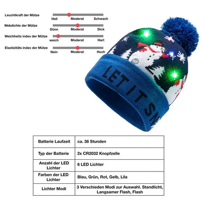 2er Set LED Licht Mütze Let it Snow Dunkel- & Hellblau Weihnachtsmütze Strickmütze