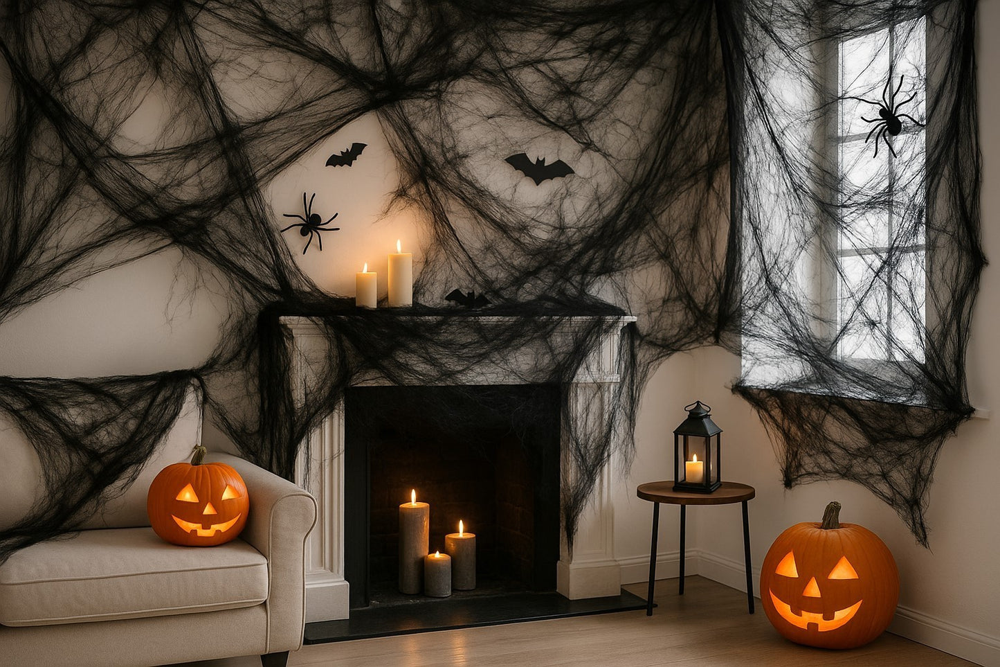Halloween Deko Box mit Spinnennetz Schwarz 700g - Tischdecke Lila - Laubsäcke