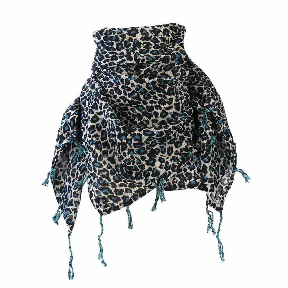 Tuch Leopardenmuster Blau Halstuch Damen Mode Boho Accessoires Fransen Schal