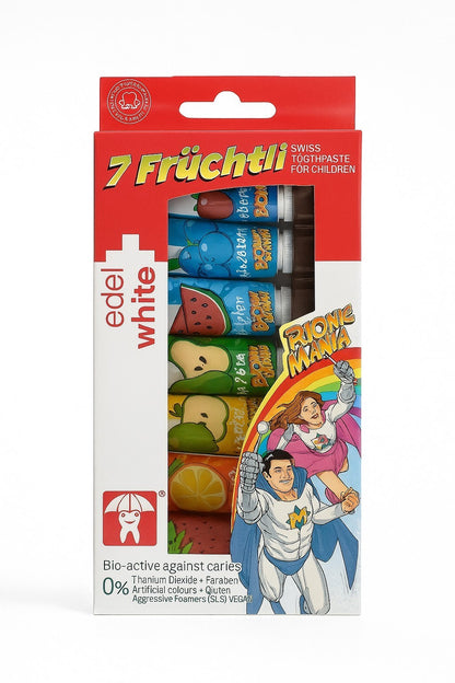 edel+white 7 Früchtli Zahnpasta Kinder mit 4 Kinderzahnbürsten Ultrasoft Borsten