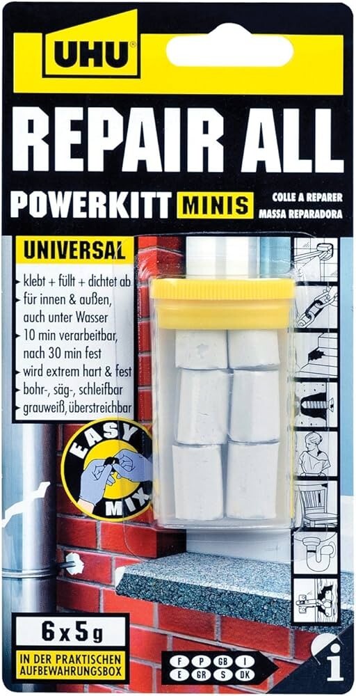 UHU Reparaturset Kleber + Powerkitt + Montageband Heimwerken Basteln Alleskleber