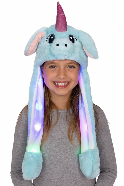 2er Set LED Licht Einhorn/Katze Blau/Pink Wackelohr Plüsch Mütze Bewegliche Ohren