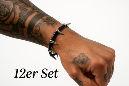 12er Set Armbänder Schwarz/Silber Spikes Rock Metal Biker Punk Gothic Giveaways