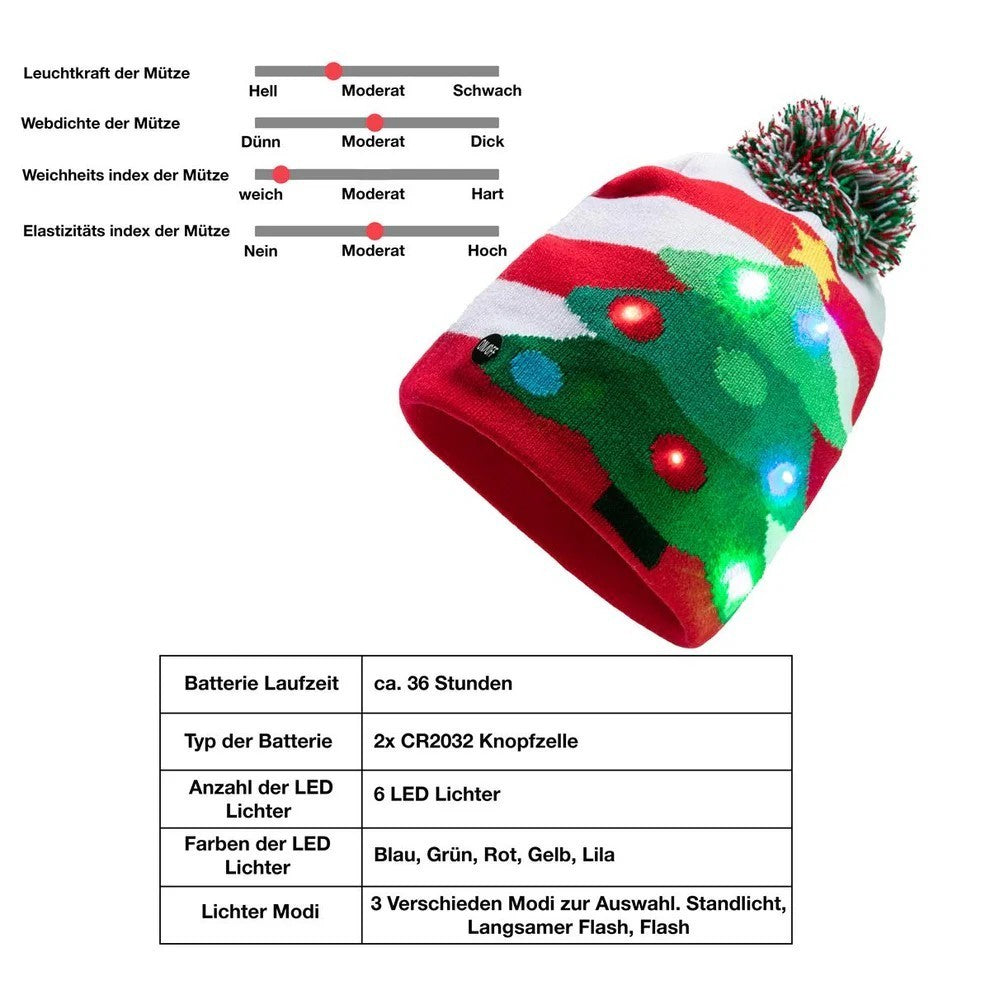 2er Set LED Licht Mütze Lebkuchen & Tanne Weihnachtsmütze Strickmütze Weihnachten