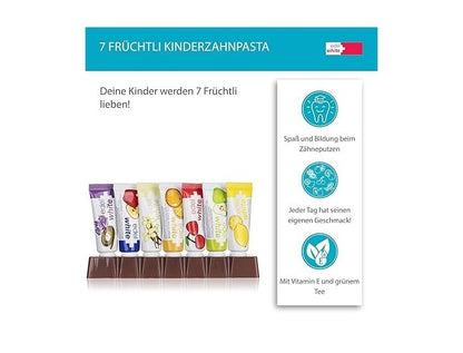 edel+white 7 Früchtli Zahnpasta Kinder mit 4 Kinderzahnbürsten Ultrasoft Borsten