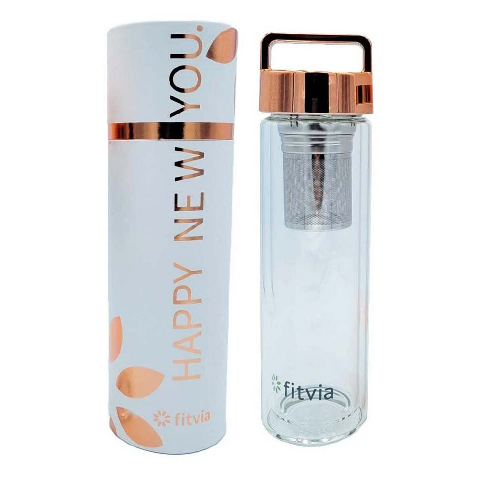 2x Fitvia Teeflasche Glas doppelwandig 380ml Teesieb Thermo Trinkflasche flasche
