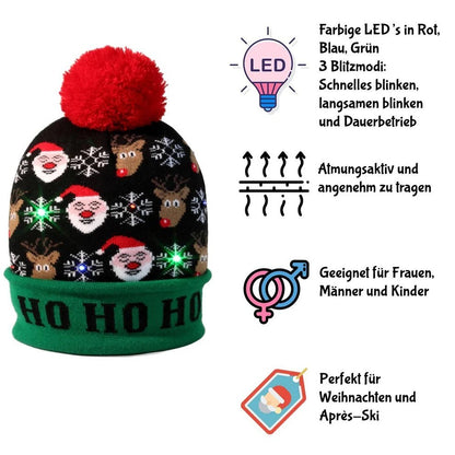 2er Set LED Licht Mütze Rotes Rentier & HoHoHo Weihnachtsmütze Weihnachten Strickmütze