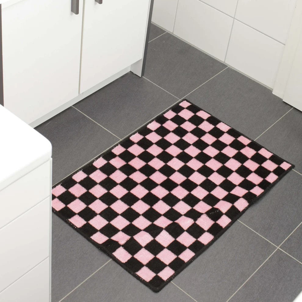 Badematte Schwarz Pink Schachbrett Karo Badteppich Badvorleger Duschvorleger