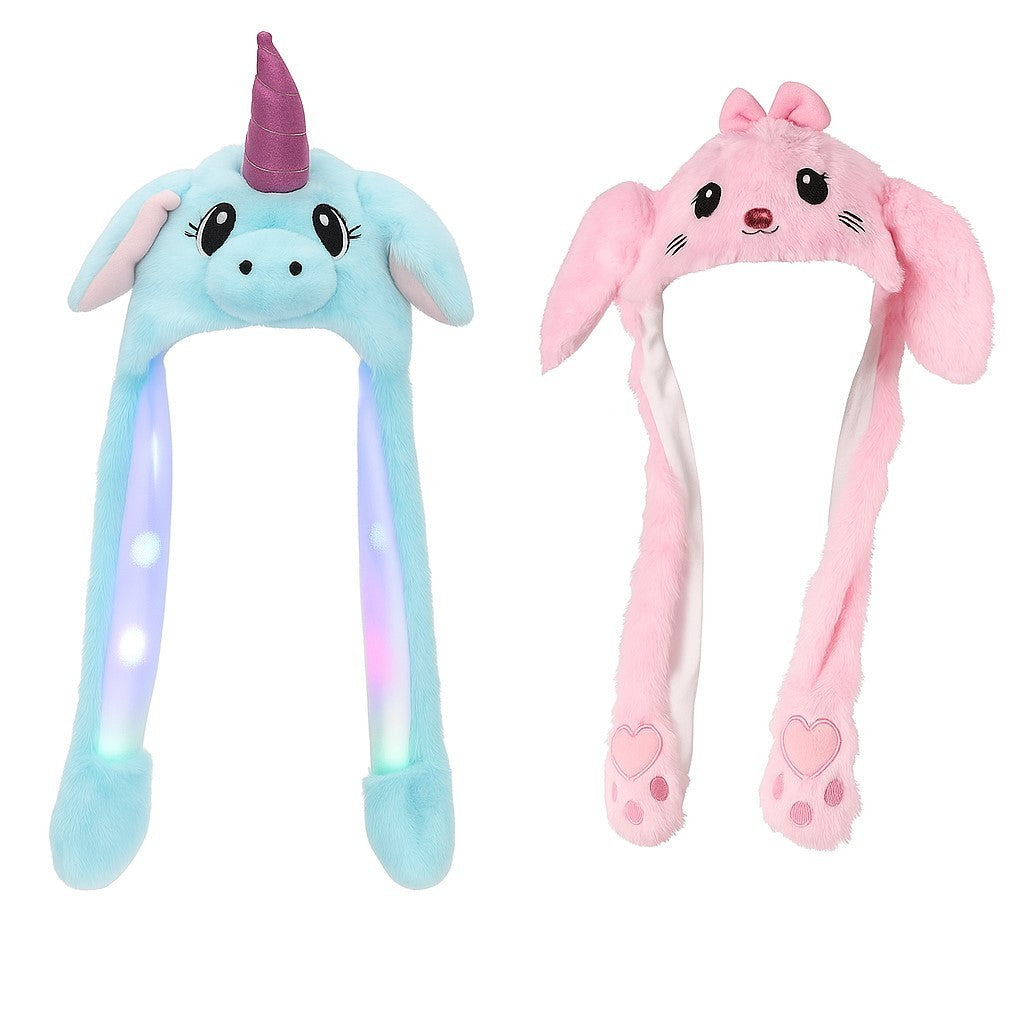 2er Set LED Einhorn/Katze Blau/Pink Wackelohr Plüsch Mütze Bewegliche Ohren