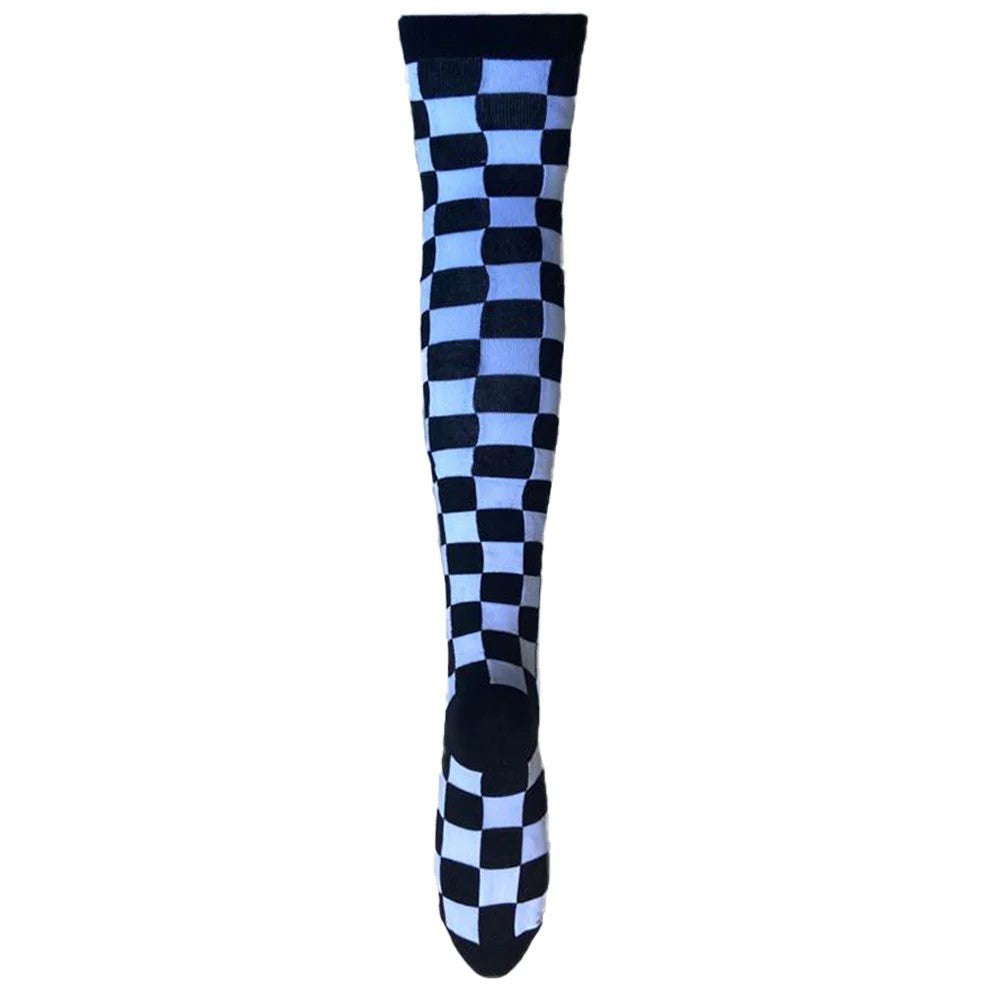 Socken Schwarz Weiß Kariert Schachbrett Strümpfe Overknees One Size Damen Mode