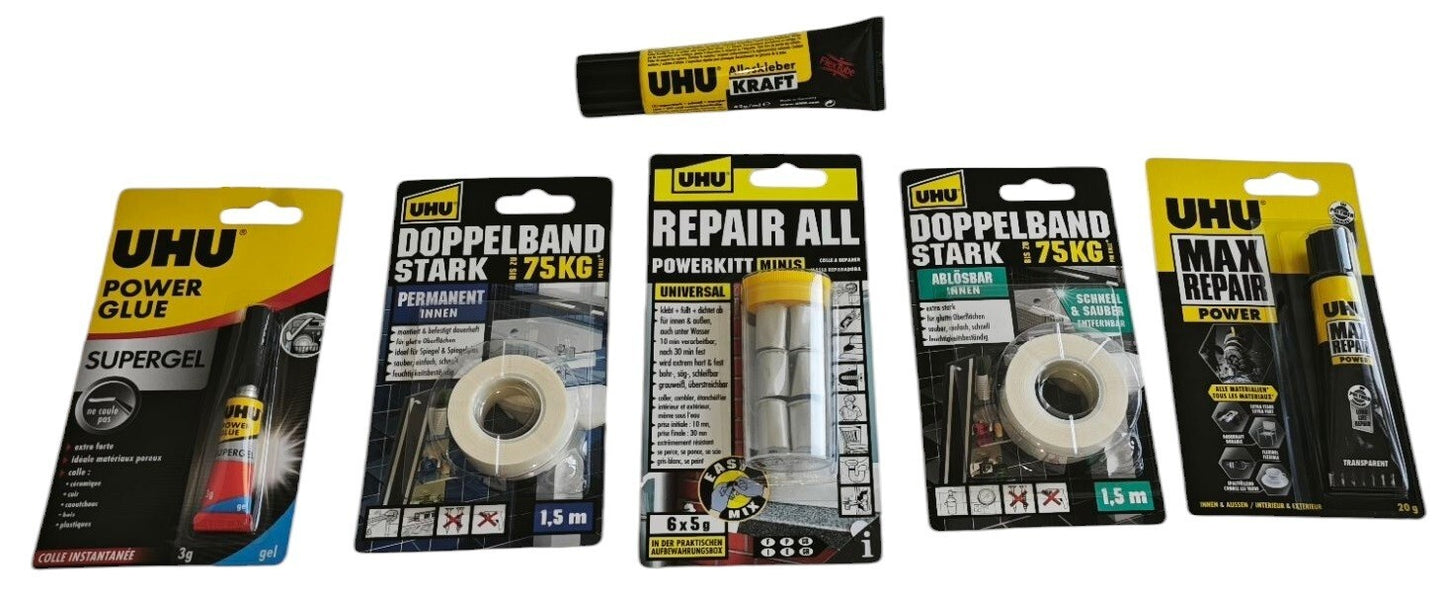 UHU Reparaturset Kleber + Powerkitt + Montageband Heimwerken Basteln Alleskleber
