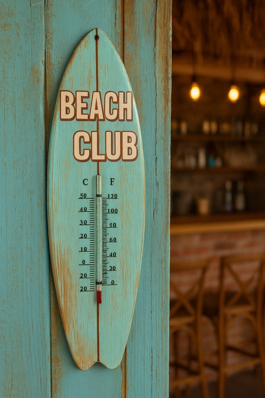 Blechschild mit Thermometer Beach Club 37x11 cm Surfboard Tiki Bar Schild Surf
