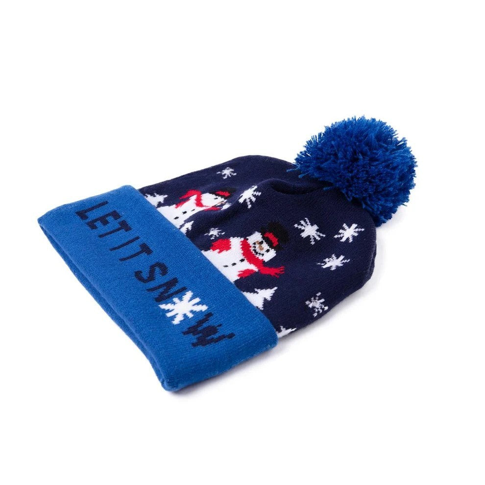 LED Licht Mütze Let it Snow Dunkelblau Weihnachtsmütze Weihnachten Bommel Strickmütze
