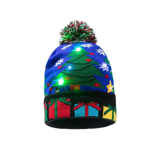 LED Licht Mütze Dino Blau Weihnachtsmütze Weihnachten Bommel Beanie Strickmütze