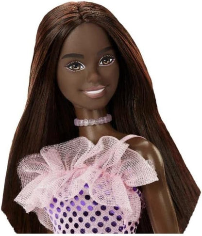 Mattel T7580 / HJR94 Barbie Puppe mit Pink Glitzer Kleid Polka Dots Mini Dress