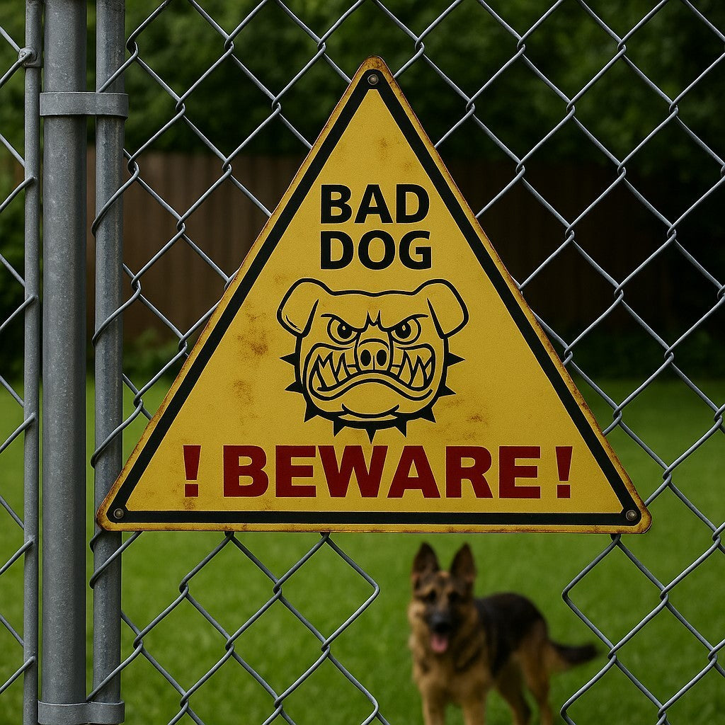 Blechschild Dreieck Bad Dog Beware Schild Zaun 34 x 29 cm Gefahr Hund Warnschild