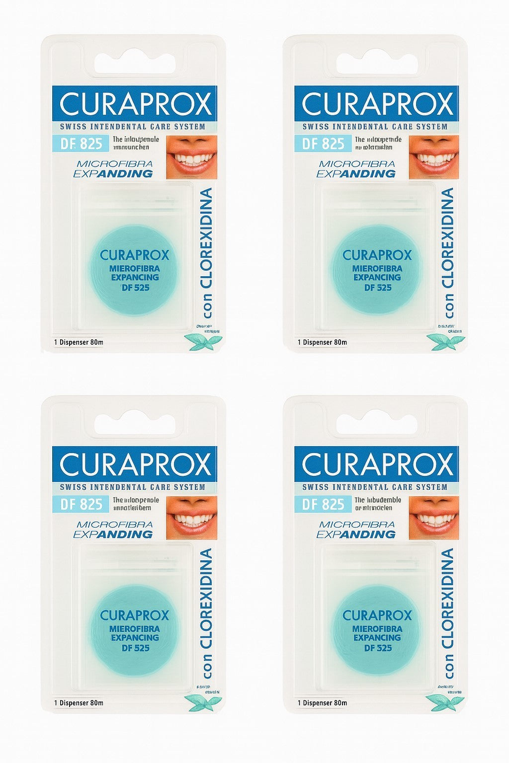 4er Set Curaprox DF 825 Microfibra Expanding je 30m Spender Zahnseide Reinigung