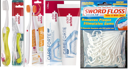 Original edel+white Zahnpflege Set – 4 Zahnbürsten + Zahnpasta + Zahnseide