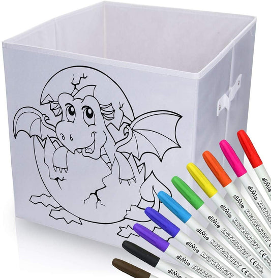 diMio Aufbewahrungsbox Drache 35x35x33cm zum bemalen inkl. Buntstifte Faltbox