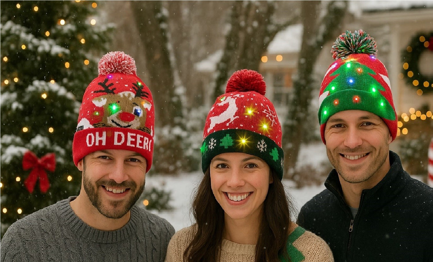 3er Set LED Licht Mütze Oh Deer & Rentier & Tanne Weihnachtsmütze Mützen Weihnachten
