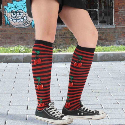 Overknee Socken gestreift Rot Schwarz Kirschen Festival Punk Cosplay Rockabilly