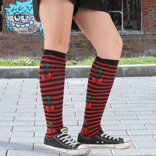 Overknee Socken gestreift Rot Schwarz Kirschen Festival Punk Cosplay Rockabilly