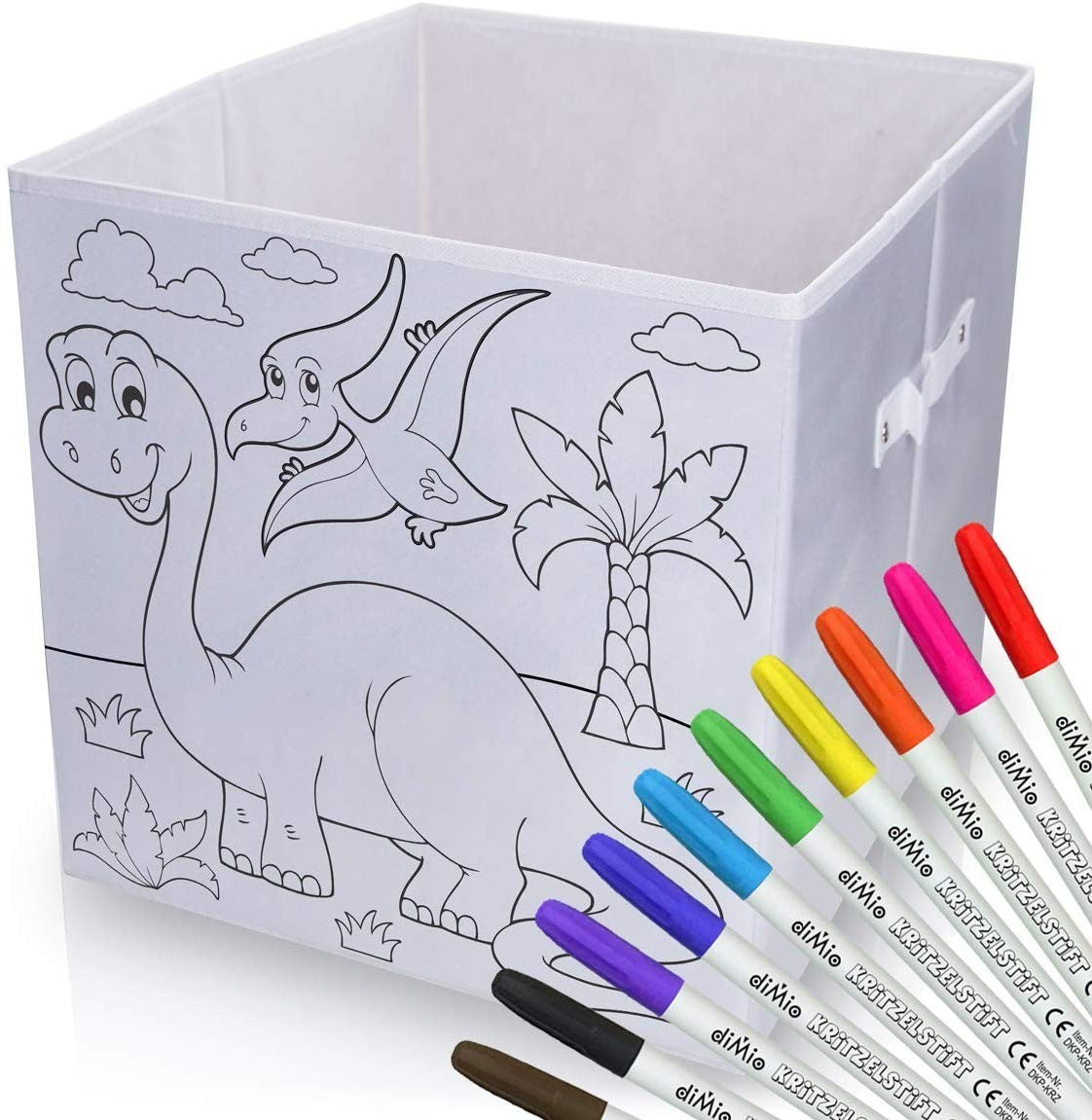 diMio Aufbewahrungsbox Dino 35x35x33cm zum bemalen inkl. Buntstifte Faltbox Korb